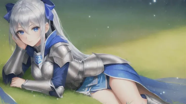 ((1girl)), blue cape, silver armor, silver hair, hair ribbon, blue eyes, laying in grass, detailed eyes, emblem, looking down, warm light, particles, magic, glowing,