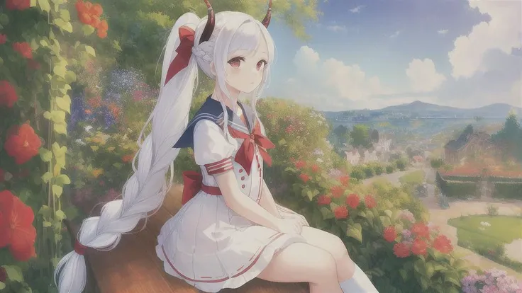 masterpiece, best quality, ((colorful)), 1girl, long hair, braided ponytail, (masterpiece), (super delicate), (illustration), white hair, red eyes, sailor dress, upward gaze , sitting, horns, garden,