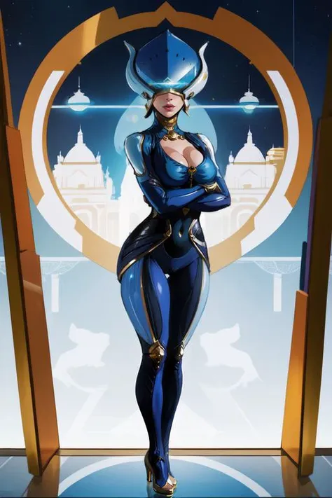 <lora:lotus-10v5:0.7> lotus, mature woman standing, athletic, sexy, seductive,cleavage, lips,navel,(blue bodysuit decorated with golden ornaments),legs,heeled shoes, (large breasts),( white helmet:1.1), (spacecraft interior room), detailing hands,reflections, eflections, (covered:1.3) eyes,(Gorgeous white helmet), full body, view <lora:ClothingAdjuster3:-0.5>,(cartoon art:1.1), ,