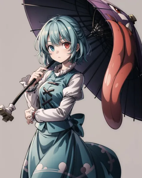 <lora:TataraKogasa:1>,1girl,tatara kogasa,heterochromia, blue hair,short hair,long sleeves, blue skirt,grey background, karakasa obake,holding umbrella, red eye, <lora:add_detail:1>, masterpiece, best quality,