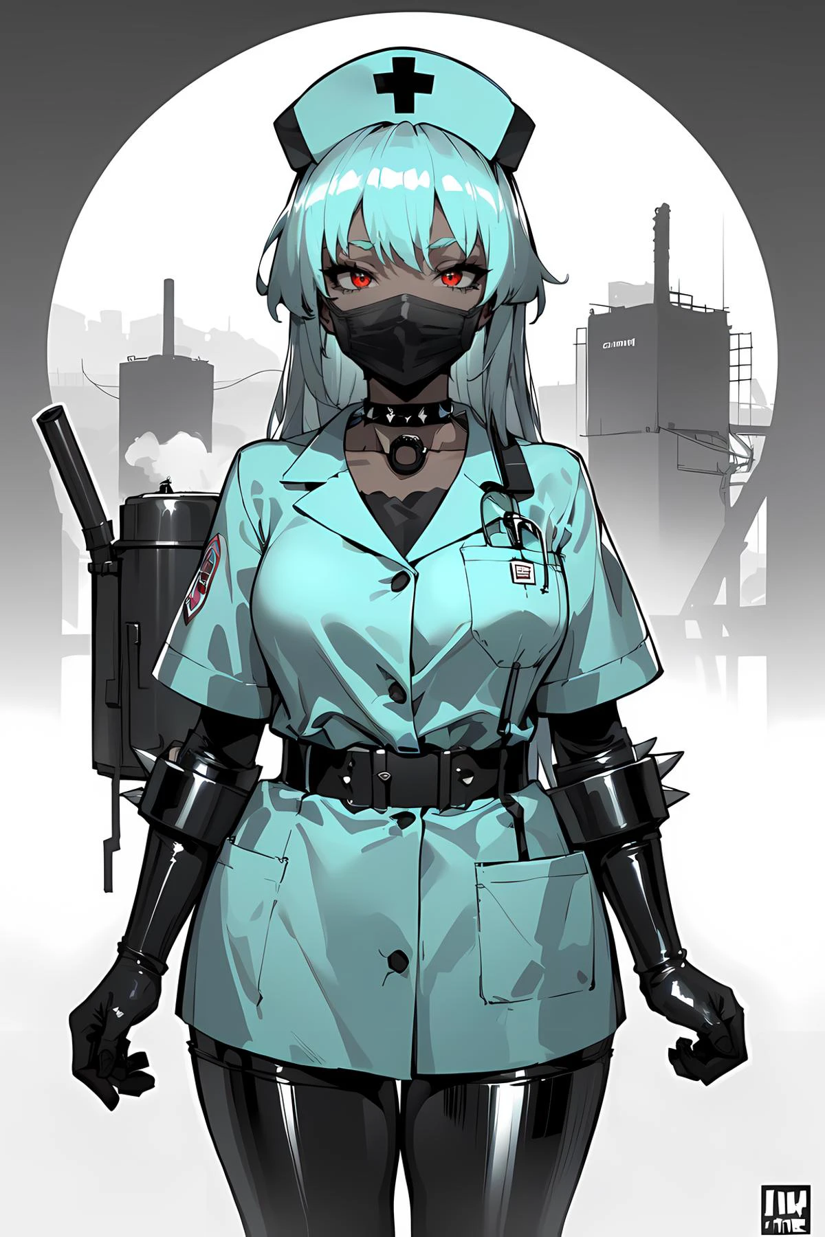 (best quality, masterpiece:1.1), (Intricate detailed:1.2), cowboy shot, (stands tall and fearless), 1girl, (chibi), <lora:gothGirlLora_v10:0.5>, goth girl, goth makeup, dark skin, colored skin, chubby, fat, fatty, lovely medium small breasts, easygoing face, (orgasm:1.1), red eye, cyan hair, long hair, spiked hair, tri tails, grey colored hair ribbon, black choker, mouth mask, surgical mask, gloves, (nurse:1.1), nurse cap BREAK ( hospital) in the background, ((modern, (dieselpunk), smog, dim tones, thick fog, (glossy metal machines, glossy mechanical, glossy metal, shiny silver), monochrome, exhaust emissions:1.2))