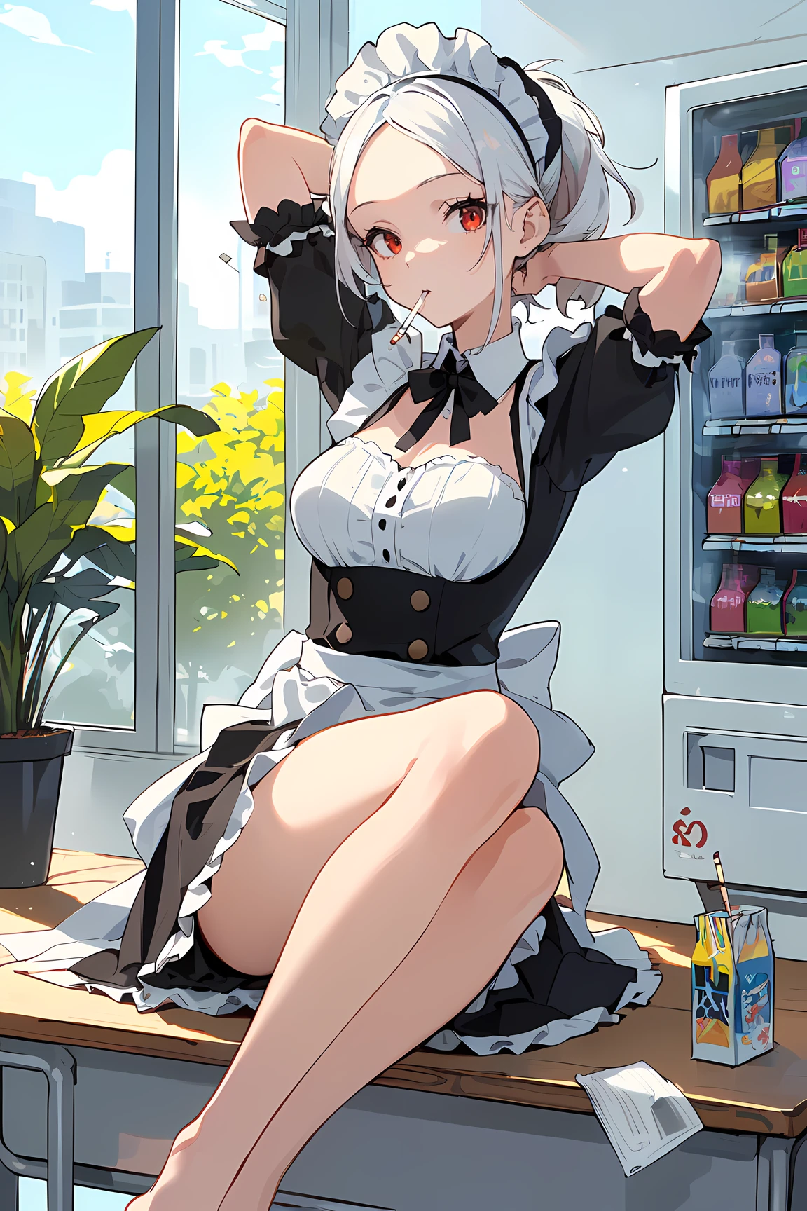 (best quality, masterpiece:1.1), (Intricate detailed:1.2), close up, ((Hands Behind Head, Feet Up On Desk:1.2)), 1girl, (milf, mature), curvy, lovely medium small breasts, gentle face, red eye, white hair, very short hair, messy hair, forehead, ponytail, (maid:1.2), maid headdress, (smoking, cigarette) BREAK ( traditional media, plant, outdoors, shop, vending machine, potted plant, storefront) in the background, (daytime, sun, sunshine),