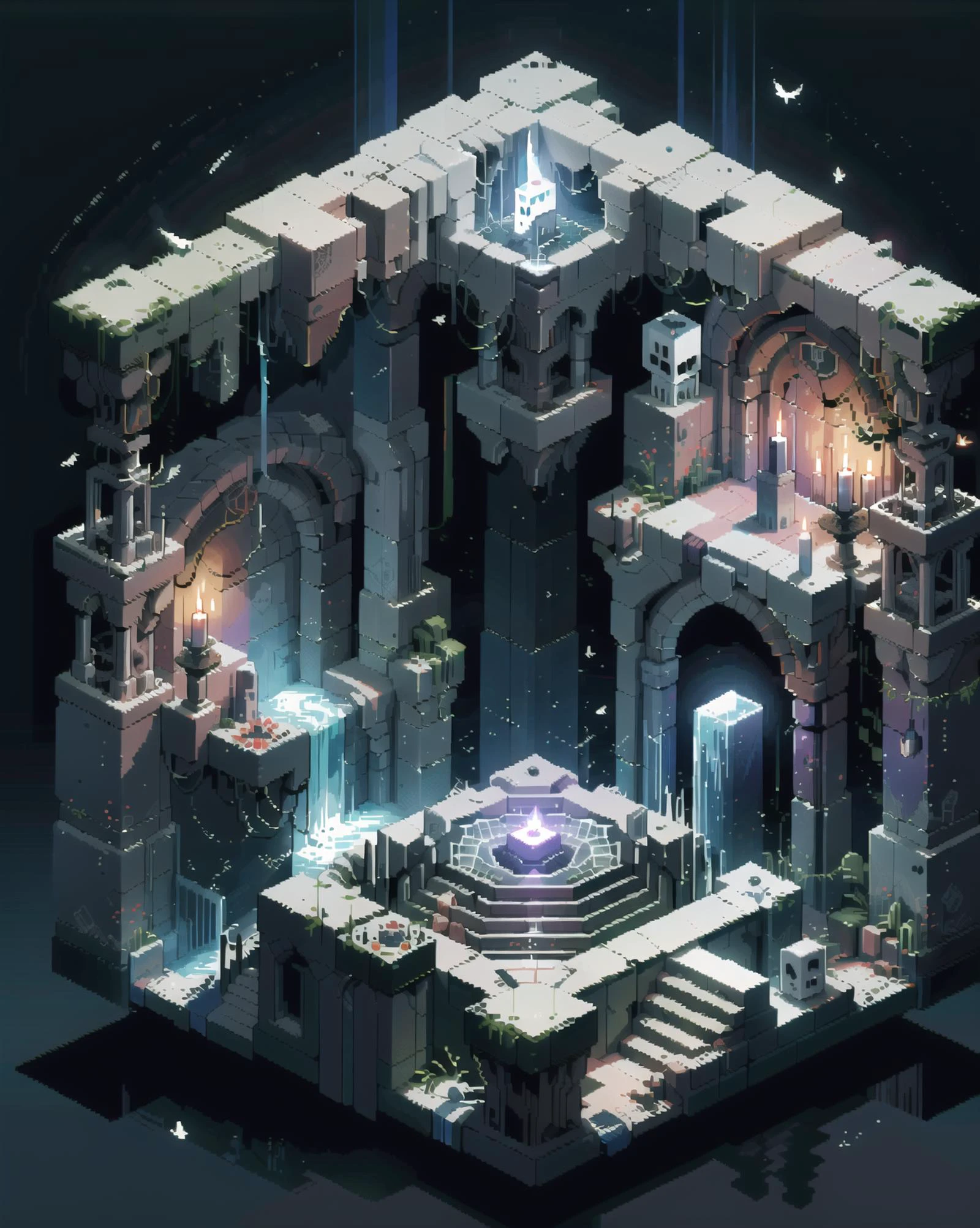 <lora:VOXEL:1>,(pixel art:1.5),
masterpiece,best quality,(ray tracing,cinematic lighting), ,
(vbcb:1.6), (minecraft:1.3),( isometric:1.3)
masterpiece,best quality,(ray tracing,cinematic lighting),
skull, candle, scenery, simple background,, fire, monster,solo, no humans, Maze, Dungeon,(dark:1.4)