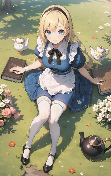 detailed, ultra-detailed, masterpiece, 8k wallpaper,(realistic:1.2),
1girl, thighhighs, blonde hair, solo, cup, sitting, flower, long hair, teacup, dress, blue eyes, white legwear, teapot, apron, hairband, tea, blue dress, shoes, short sleeves, saucer, puffy sleeves, white flower, from above, book, black footwear, puffy short sleeves, plate, bow, looking at viewer, smile,grass, flower, from above,