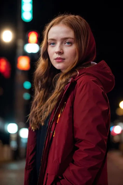 dark red long straight hair, a photo of sds,a woman,front centered,wearing parka,cinematic,film grain,bokeh,red neon,bokeh,city street,rim light,dimly lit,DOF,soft lighting, <lora:sds-3:1>,ultrasharp,8k,uhd,dslr,masterpiece,extremely sharp