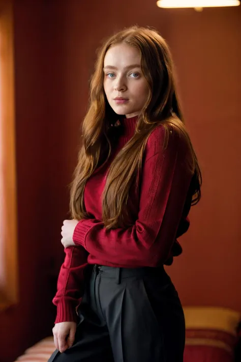 dark red long straight hair, a photo of sds,a woman,wearing sweater and pants,cinematic,film grain,bokeh,red neon,bokeh,city ,rim light,dimly lit,<lora:sds-3:1>,ultrasharp,8k,uhd,dslr,masterpiece,extremely sharp