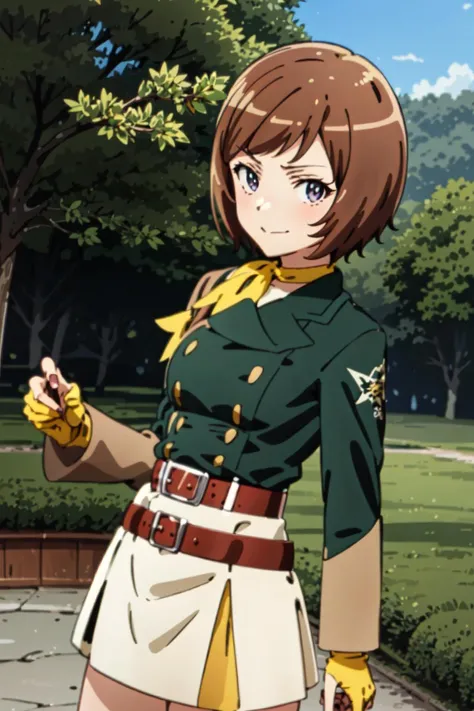 masterpiece, best quality, solo,1girl,looking at viewer,outdoor,(anime style:1.3),
<lora:MatsubaraMari:0.9>MatsubaraMari,brown hair,white skirt,green jacket,