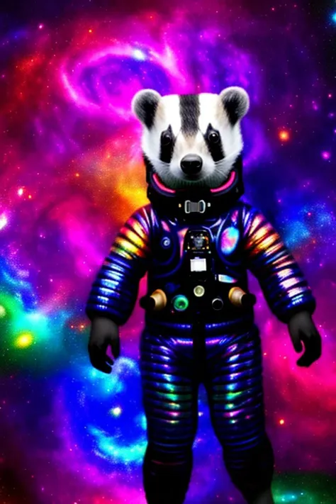 (Darkly iridescent:1.05), Galaxies, spirals, nebulae, stars, smoke, intensely iridescent, shape of a badger in a (spacesuit), colorful octane render, a hyperrealistic Lisa Frank