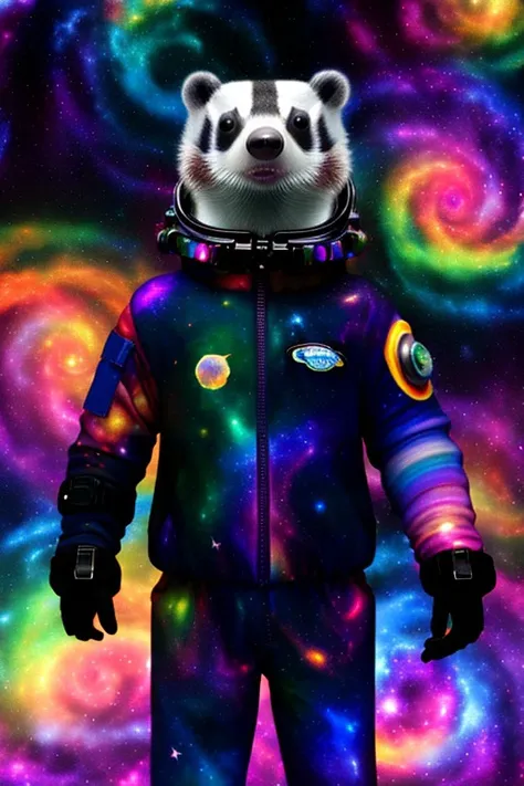 (Darkly iridescent:1.05), Galaxies, spirals, nebulae, stars, smoke, intensely iridescent, shape of a badger in a (spacesuit), colorful octane render, a hyperrealistic Lisa Frank