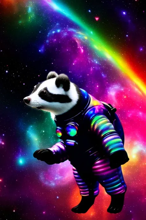 (Darkly iridescent:1.05), Galaxies, spirals, nebulae, stars, smoke, intensely iridescent, shape of a badger in a (spacesuit), colorful octane render, a hyperrealistic Lisa Frank