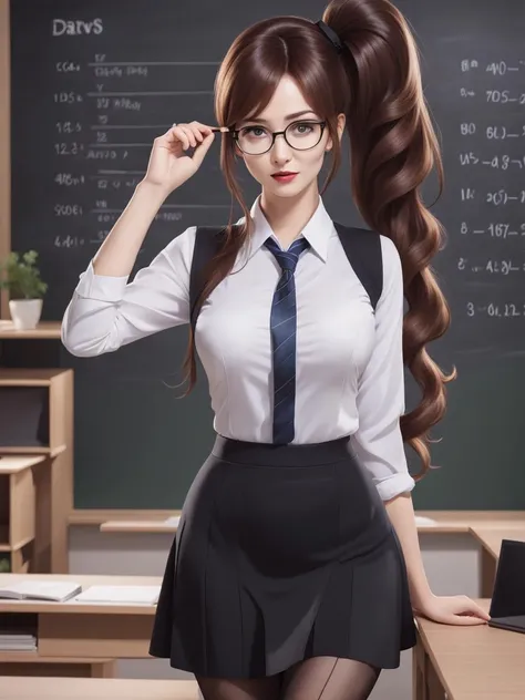 cinematic photo solo, (mega side ponytail), (very long hair), (beautiful woman), (adjusting glasses), (teacher), pencil skirt, sultry pose, pantyhose, (glasses), chalkboard <lora:xl_mega_side_ponytail-1.0:0.8> . 35mm photograph, film, bokeh, professional, 4k, highly detailed