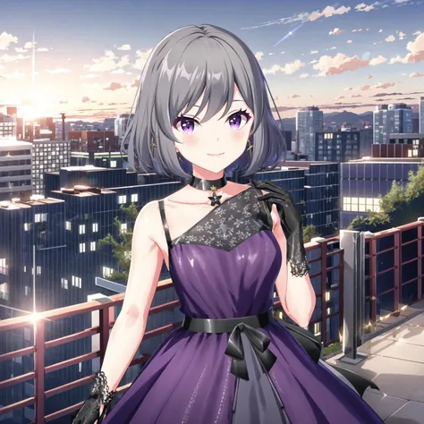 (high quality, best quality), 1girl, solo, kanzaki rio, idol-outfit, <lora:rio2-000007:0.75>, [purple_dress, black_gloves], smile, blush, rooftop, fence, sunset, lens_flare, hdr