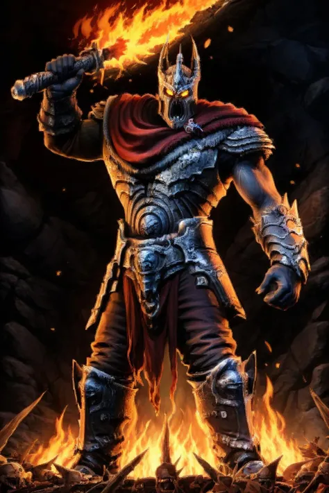 masterpiece, max quality,  <lora:Overlord:0.7>, overlord standing menacingly, holding fire sword, army of imps around him,