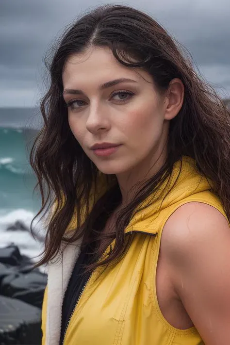 DEN_elefire_grey,
(portrait of a lighthouse keeper (walking on the rocks:1.2) on a dark (stormy night:1.2) wearing a yellow raincoat in the wind, (waves crashing:1.2) into the rocks, (storm:1.2), (wind swept:1.2), (gale:1.1), (tsunami:1.1), lighthouse, (night time:1.2), (wet rocks, rocks, rocky:1.2), (splashing waves:1.2), waves, (ocean spray:1.2), (lighthouse:1.1):1.2),
bokeh, f1.4, 40mm, photorealistic, raw, 8k, textured skin, skin pores, intricate details <lora:epi_noiseoffset2:1>, epiCRealism <lora:ClothingAdjuster3:-1>