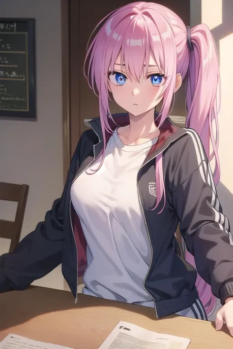 miyakoshikimori, <lyco:miyakoshikimori-lyco-nochekaiser:1>,
miyako shikimori, long hair, blue eyes, hair between eyes, pink hair,
BREAK long sleeves, jacket, white shirt, side ponytail, blue jacket, track jacket, track suit,
BREAK looking at viewer,
BREAK indoors, classroom,
BREAK <lyco:GoodHands-beta2:1>, (masterpiece:1.2), best quality, high resolution, unity 8k wallpaper, (illustration:0.8), (beautiful detailed eyes:1.6), extremely detailed face, perfect lighting, extremely detailed CG, (perfect hands, perfect anatomy),