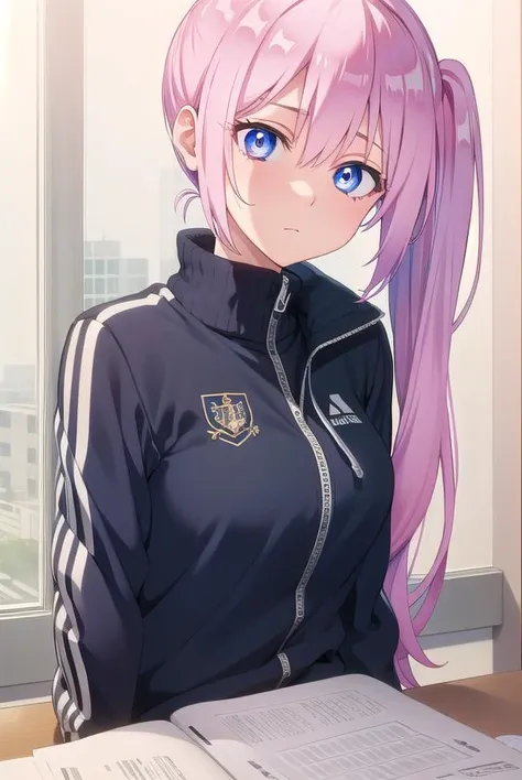 miyakoshikimori, <lyco:miyakoshikimori-lyco-nochekaiser:1>,
miyako shikimori, long hair, blue eyes, hair between eyes, pink hair,
BREAK long sleeves, jacket, white shirt, side ponytail, blue jacket, track jacket, track suit,
BREAK looking at viewer,
BREAK indoors, classroom,
BREAK <lyco:GoodHands-beta2:1>, (masterpiece:1.2), best quality, high resolution, unity 8k wallpaper, (illustration:0.8), (beautiful detailed eyes:1.6), extremely detailed face, perfect lighting, extremely detailed CG, (perfect hands, perfect anatomy),