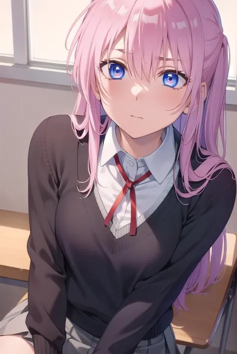 miyakoshikimori, <lyco:miyakoshikimori-lyco-nochekaiser:1>,
miyako shikimori, long hair, blue eyes, hair between eyes, pink hair,
BREAK skirt, shirt, school uniform, white shirt, pleated skirt, collared shirt, sweater, grey skirt, ribbon, red ribbon, black sweater,
BREAK looking at viewer,
BREAK indoors, classroom,
BREAK <lyco:GoodHands-beta2:1>, (masterpiece:1.2), best quality, high resolution, unity 8k wallpaper, (illustration:0.8), (beautiful detailed eyes:1.6), extremely detailed face, perfect lighting, extremely detailed CG, (perfect hands, perfect anatomy),