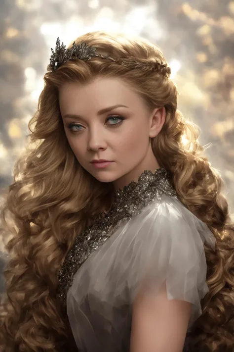 NE_NatalieDormer, raw photo of a Beautiful Pandora by Pino Daeni, wearing crystal gown, princess with a crown, bondage, beautiful face, french braid hair, eyes on the camera, by ManuManu