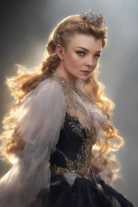 NE_NatalieDormer, raw photo of a Beautiful Pandora by Pino Daeni, wearing crystal gown, princess with a crown, bondage, beautiful face, french braid hair, eyes on the camera, by ManuManu