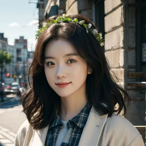 1girl, a young woman, upper body, (looking at viewer:1.3), (schoolgirl jacket), (flower crown), (beautiful city, beautiful sky background), natural skin color, (closed mouth:1.2), (medium breast), floating hair, beautiful expression, face detailed, eyes detailed, iris detailed, masterpiece, best quality, photorealistic, hyper realistic, ultra detailed, perfect lighting, depth of field, shadows, highres, <lora:sayhello0o-v1-hanhyojoo:1>