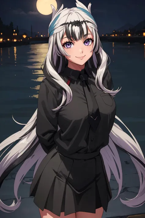 masterpiece, best quality, 1girl, solo, standing, facing viewer,<lora:EPfeVeyle-07:1>, EPfeVeyle, 1girl, long hair, multicolored hair, white hair, black hair, from above, dojo, night, arms behind back, collared shirt, blond necktie, skirt, seductive smile