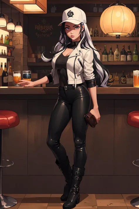 masterpiece, best quality, 1girl, solo, standing, facing viewer,<lora:EPfeVeyle-07:0.7>, EPfeVeyle, 1girl, long hair, multicolored hair, white hair, black hair, pub, leather jacket, leather pants, leather boots, baseball cap, pub, bar