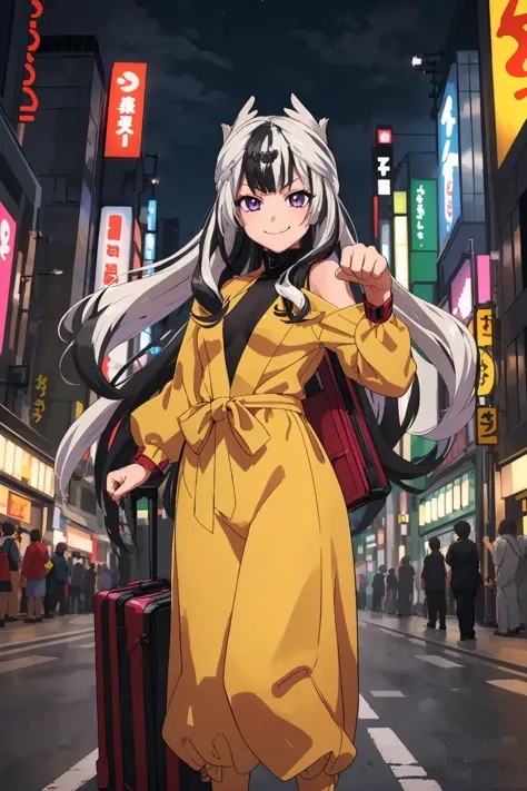 masterpiece, best quality, 1girl, solo, standing, facing viewer,<lora:EPfeVeyle-07:0.8>, EPfeVeyle, 1girl, long hair, multicolored hair, white hair, black hair, omake, tokyo tower, evening, paw pose, fruits costume, luggage carrier, full brogue, smirk