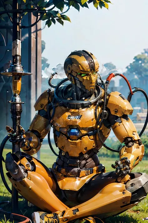 yellow robot, cyrax, green eyes, smoking a hookah, burning coils,on grass, outside temple, jungle, extreme detail, masterpiece,<lora:Cyrax_v1:.7> <lora:Hookah_1:.9>