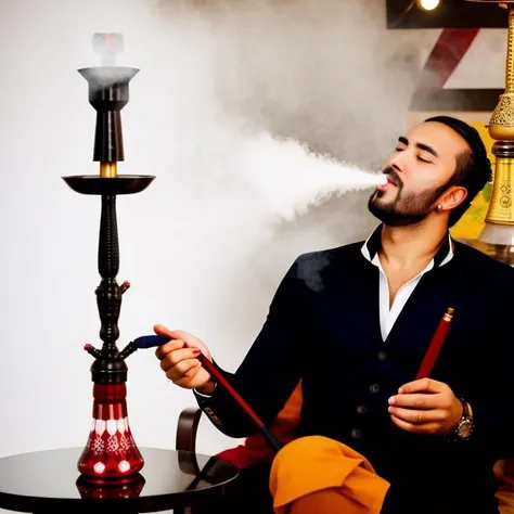 Vector art, a strict small transparent hookah with a hose and a mouthpiece, hot coal in a bowl, White background