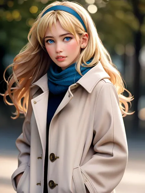 Realistic photo of a beautiful cl4ud14s woman, 1girl,solo,long hair,looking at viewer,blue eyes,blonde hair,upper body,hairband,scarf,lips,coat,sleeves past wrists,realistic, soft lighting, professional Photography, Photorealistic, detailed, RAW, analog, sharp focus, 8k, HD, high quality, masterpiece<lora:cl4ud14s:1.0>