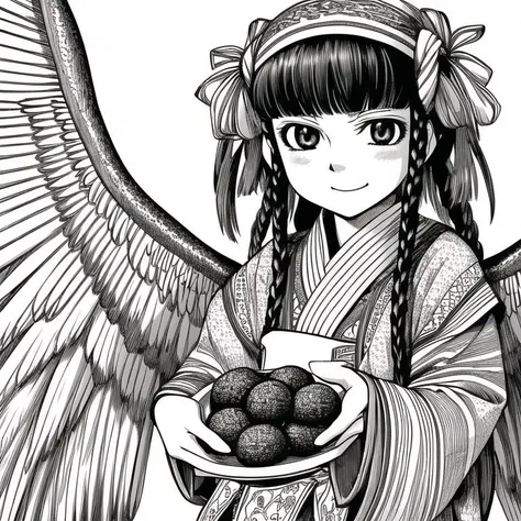<lora:otoyomegatari:1>, otoyomegatari, greyscale, monochrome, halftone, drawing, manga, asian, eye focus, 1girl, dragon girl, dragon wings, food, holding, holding food, looking at viewer, onigiri, purple hair, red eyes, sandals, simple background, smile, solo, twintails, white background, wings