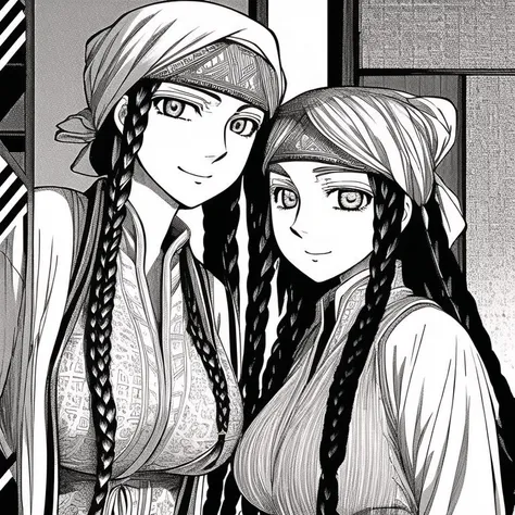 <lora:otoyomegatari:1>, otoyomegatari, greyscale, monochrome, halftone, drawing, manga, asian, eye focus, 2girls, asymmetrical docking, bangs, blue eyes, blunt bangs, braid, breast press, breasts, large breasts, long hair, medium breasts, multiple girls, purple hair, silver hair, smile, twin braids, v, violet eyes