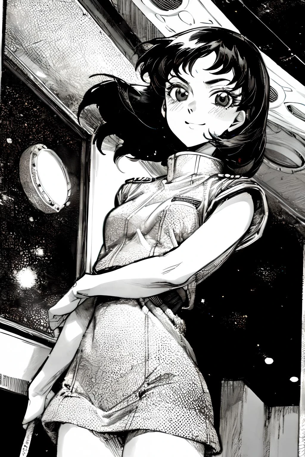 masterpiece, 1girl, solo, pov, <lora:fayuiry:0.4>fayuiry,black hair, black eyes, dress, uniform, cowboy shot,
, smile, <lora:otoyomegatari:0.9>, greyscale, monochrome, halftone, drawing, manga, otoyomegatari,
<lora:add_detail:1.6> ,face focus, inside spaceship, galaxy, window ,indoors,
