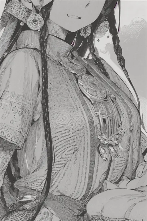 <lora:otoyomegatari:1>,((best quality)), ((masterpiece)), (detailed), otoyomegatari, greyscale, monochrome, halftone, drawing, manga, asian, eye focus, 1girl, long hair, hair ornaments,long dress, intricate patterns, oriental,