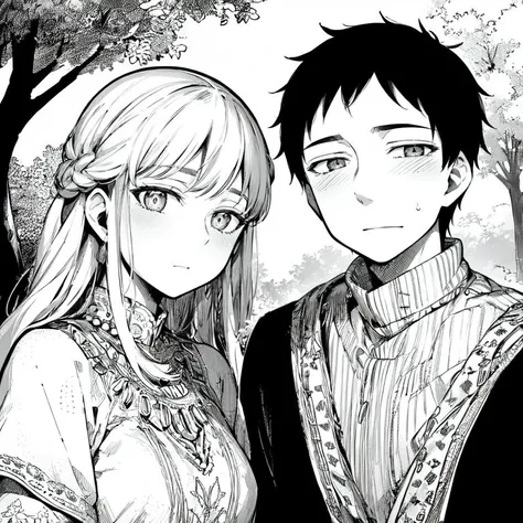masterpiece, best quality, (couple:1.2), (man:1.3) and woman, upper body, looking at viewer, greyscale, outdoors, delicately embroidered <lora:otoyomegatari-:1>