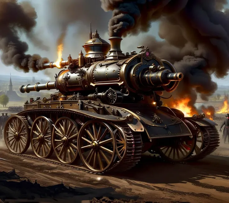 <lora:CulturePunkAI_2:.9>VictorianPunkAI tank on battlefield Highly detailed, amazing, Impressive lighting, vibrant colors, Ultra Realistic, High quality, Highly detailed, trending on artstation