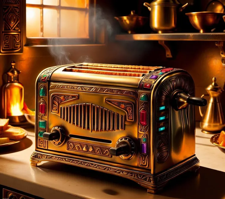 <lora:CulturePunkAI_2:.9>OldEgyptAI toaster in kitchen Highly detailed, amazing, Impressive lighting, vibrant colors, Ultra Realistic, High quality, Highly detailed, trending on artstation
