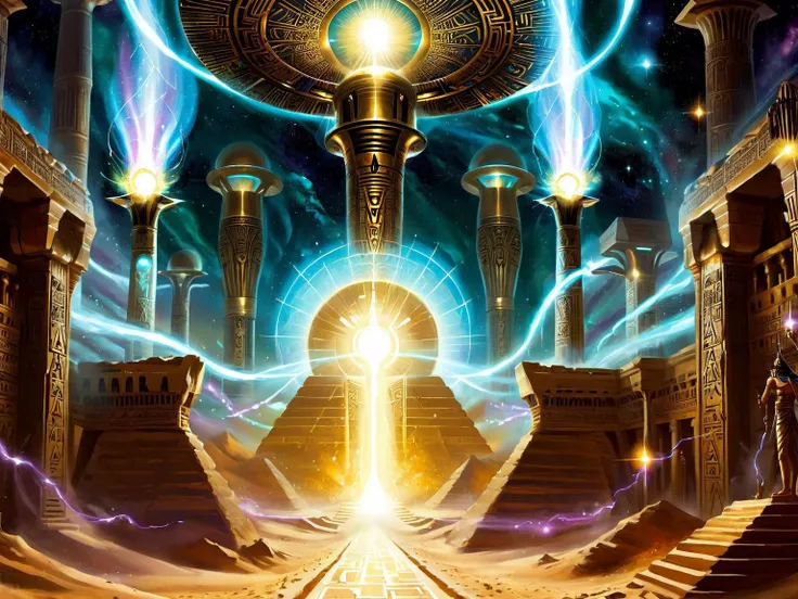 <lora:CulturePunkAI_2:.4> <lora:TechPunkAI:.5> OldEgyptAI AetherPunkAI Force fields protecting Thebes generated by flowing sparkling energy , Highly detailed, sci fi fantasy setting, intricate detailed background
