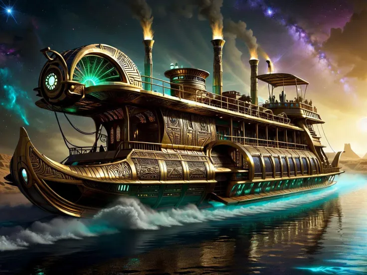 <lora:CulturePunkAI_2:.4> <lora:TechPunkAI:.5> OldEgyptAI AetherPunkAI Futuristic Nile riverboat powered by flowing sparkling energy engines , Highly detailed, sci fi fantasy setting, intricate detailed background