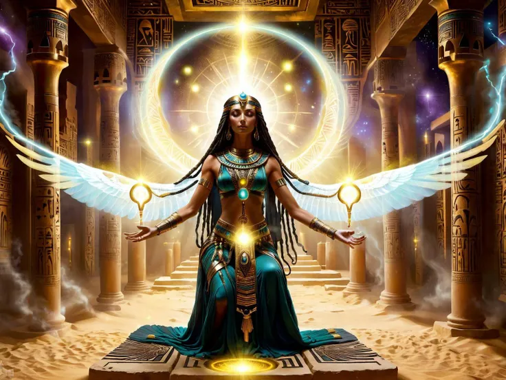 <lora:CulturePunkAI_2:.4> <lora:TechPunkAI:.5> OldEgyptAI AetherPunkAI Isis using flowing sparkling energy magic for healing , Highly detailed, sci fi fantasy setting, intricate detailed background