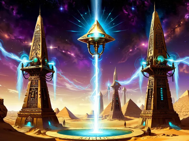 <lora:CulturePunkAI_2:.4> <lora:TechPunkAI:.5> OldEgyptAI AetherPunkAI Obelisks used as communication towers charged by flowing sparkling energy , Highly detailed, sci fi fantasy setting, intricate detailed background