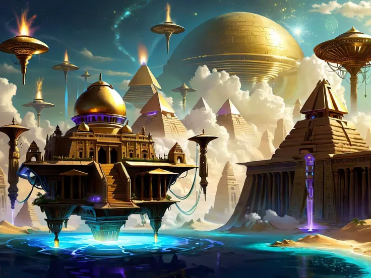 <lora:CulturePunkAI_2:.4> <lora:TechPunkAI:.5> OldEgyptAI AetherPunkAI Floating islands with Egyptian temples powered by flowing sparkling energy , Highly detailed, sci fi fantasy setting, intricate detailed background