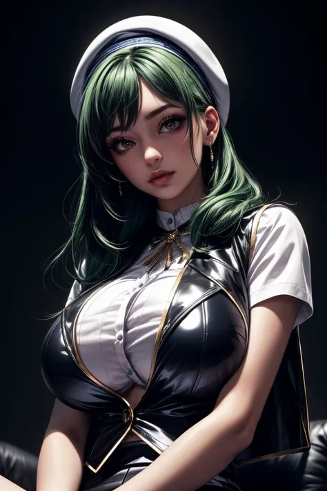 (ultra realistic,32k,RAW photo:1.1),(high detailed skin:1.1), 8k uhd, dslr, high quality, film grain, (makeup, mascara:1.1), lips,(thick\lips\),
(shiny glossy translucent clothing:1.1), <lora:izumiohishi01:0.7>izumiohishi01,black vest,beret,short sleeves,plaid skirt,green hair, <lora:add_detail:1>, (huge breast:1.1), (upper body:1.1),
(looking at viewer, sitting from below:1.1),,
(busty:1.1) , (chubby:0.1),(radiant:1.1), <lora:LowRA:0.4>, dark theme A place that was once inhabited by beings from another world