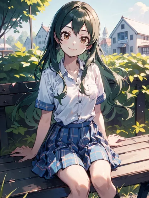 izumiohishi01 ,1girl ,solo,shirt, school uniform,white shirt,short sleeves,plaid skirt,green hair,smile,cowboy shot,outdoors,town
,sit in a bench,<lora:izumiohishi01:0.9>, (masterpiece), (best quality), (ultra-detailed), intricate detail,