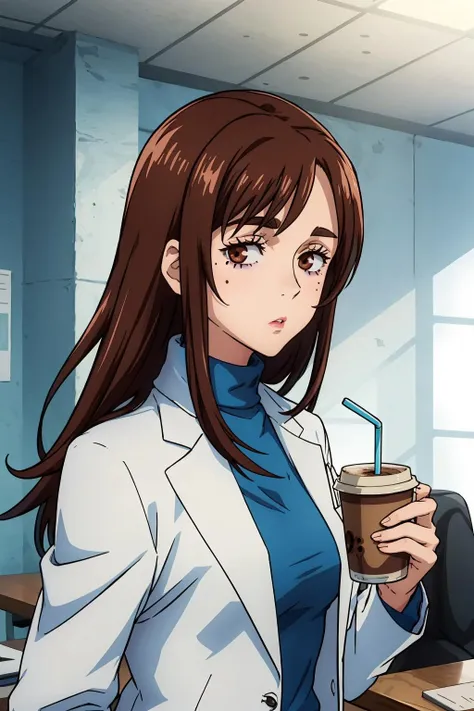 best quality, masterpiece, 1girl, <lora:shoko_ieiri:1>shoko_ieiri, brown hair, brown eyes, eyebags, eyeshadow, makeup, labcoat, blue turtleneck, drinking coffe, in office, looking at viewer,<lora:more_details:0.2>