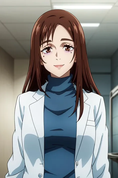 (best quality), (masterpiece), (solo), 1girl, shoko_ieiri, brown hair, brown eyes, long hair, eyeshadow, makeup, eyebags, labcoat, blue turtleneck, hospital room, tiled walls, looking at viewer, smiling, <lora:shoko_ieiri:1>,