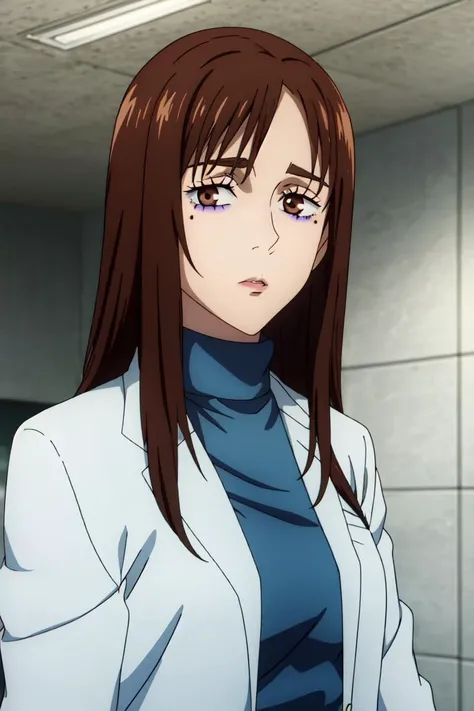 (best quality), (masterpiece), (solo), 1girl, shoko_ieiri, brown hair, brown eyes, long hair, eyeshadow, makeup, eyebags, labcoat, blue turtleneck, hospital room, tiled walls, looking at viewer, <lora:shoko_ieiri:1>,  <lora:mappaLikeStyle_v12Beta:0.3>