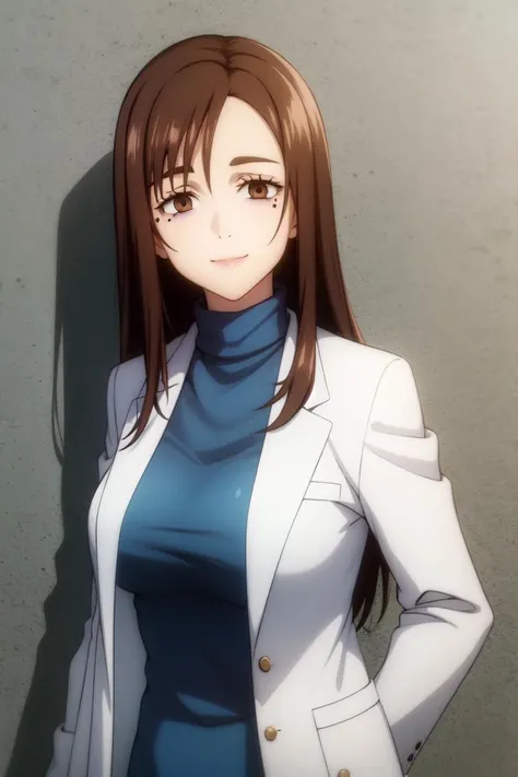 (best quality), (masterpiece), (solo), 1girl, shoko_ieiri, brown hair, brown eyes, long hair, eyeshadow, makeup, eyebags, labcoat, blue turtleneck, smiling, <lora:shoko_ieiri:1>