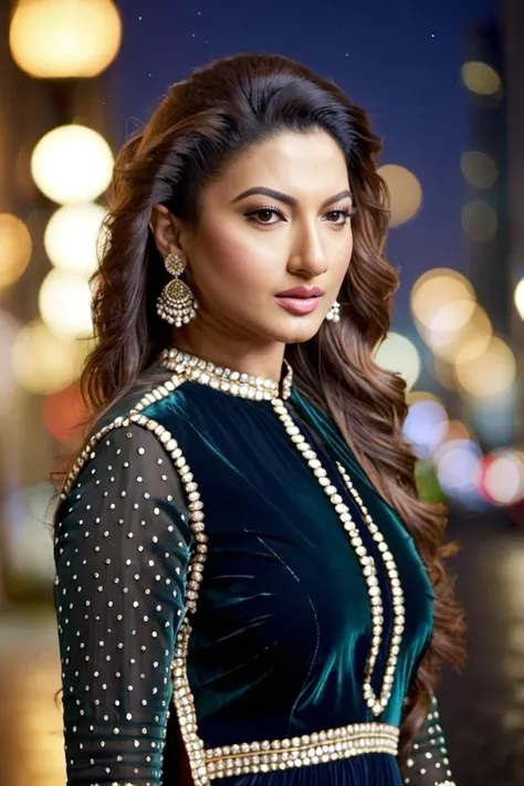 Highres photo of a 30 year old woman, gauhar khan, solo, wearing high neck Indian dress, night time, city lights beautiful bokeh <lora:Gauhar_Khan_SDXL:1>