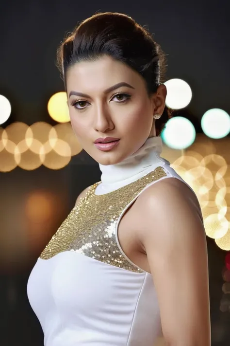 Highres photo of a 30 year old woman, gauhar khan, solo, wearing sleeveless white turtleneck with sequins, night time, city lights beautiful bokeh <lora:Gauhar_Khan_SDXL:1>